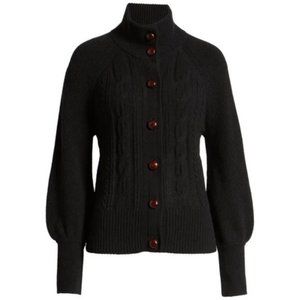 NWT J.Crew M Cardigan Cable Knit Black & Brown Faux Leather Buttons Lamb…